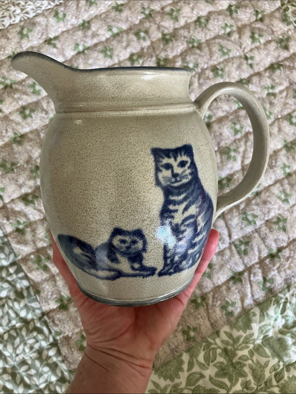 Stoneware type 6” pitcher with blue cat design